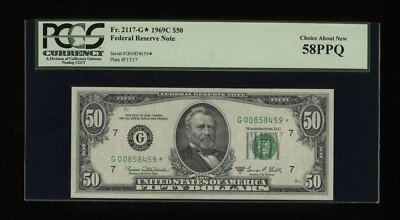 DBR 1969-C $50 FRN Chicago STAR Fr. 2117-G* PCGS 58 PPQ Serial G00858459* - Image 1 of 2