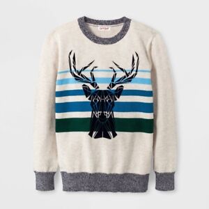 NWT CAT & JACK Boy Long-Sleeve Stag Striped Pullover Crew Sweater Cotton XS S M