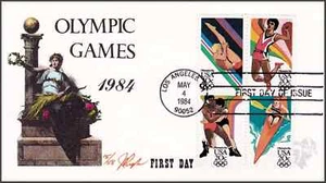 PUGH HAND PAINTED FIRST DAY COVER FDC 1984 LOS ANGELES OLYMPIC GAMES 4 STAMP CVR - Picture 1 of 1