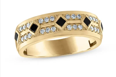 Juego de bisel de ónix negro y moissanitas blancas en oro amarillo sólido de 10 quilates banda para hombre Foto 1 de 4