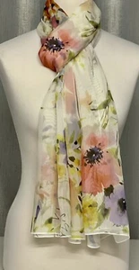 100% Mulberry Silk Chiffon Scarf - Floral Watercolour Pastel Poppies - 65x200cm - Picture 1 of 9