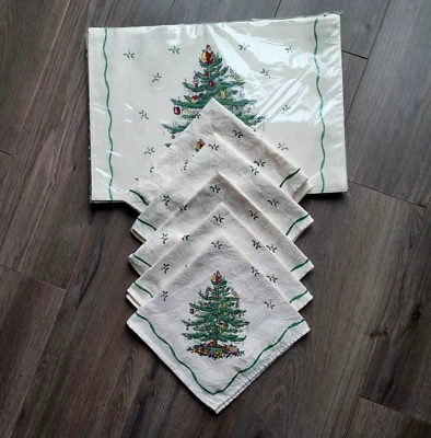 New Spode Christmas Tree Placemats (4) & Used Napkins (5) - Image 1 of 4
