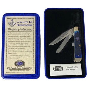 Case xx Masonic Trapper Knife Tin Gift Set Blue Bone Freemason Stainless #01058 - Picture 1 of 4