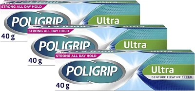 3x Poligrip Ultra Denture Fixative Cream 40g Polygrip zinc free - Mint Flavour