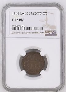 🥉 1864 Two Cent Piece 2c NGC F12 BN - Large Motto CIVIL WAR DATE!!! 🥉