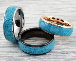 Engraved 8mm Colored Tungsten Rings w/ Crushed Turquoise Men's Wedding Band Ring - Picture 1 of 9