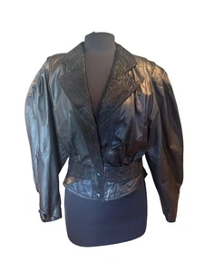Vintage 80er Laura Rene Cropped schwarze Lederjacke Puffärmel Blazer Style Gr. - Bild 1 von 21