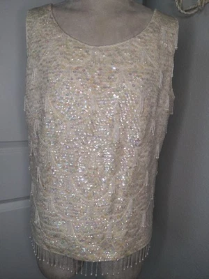 Top formal sin mangas marfil con cuentas lentejuelas años 60 de colección para mujer boda talla mediana  Foto 1 de 4