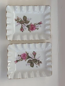 Set of 2 VTG Porcelain Rectangular Trinket Dishes/Ring Trays w/ PINK ROSES HD29 - Picture 1 of 9