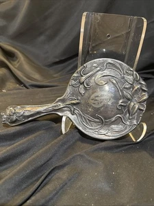 Vintage Art Nouveau Silver Plate Hand Held Floral Mirror 10 In G Monogram - Bild 1 von 11