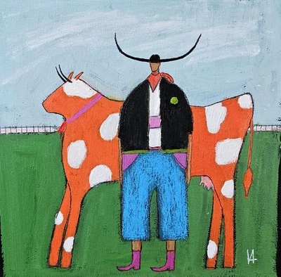 Pintura Original Vaquera Vaca Retrato Lienzo Extraño Caprichoso Arte 10x10  Foto 1 de 4