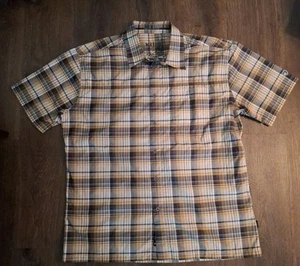 Kuhl Shirt Mens XL Plaid Casual Short Sleeve Outdoor Hiking Gray White Yellow - Picture 1 of 5