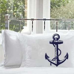Copricuscino Ancora Blu Navy Queen Size Cotone Federa Decorazione Costa - Foto 1 di 1