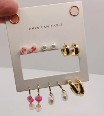 New American Eagle 6 Heart Goldtone Pearl Hoop Dangle Stud Earrings On Card - Image 1 of 4