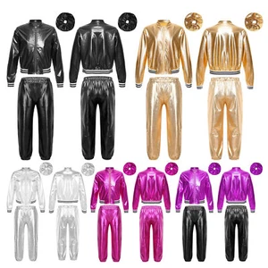 Kids Girls Crop Top Hair Set Street Outfit Sports Pullover Metallic Sweatshirts - Picture 1 of 65