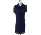 BETSEY JOHNSON Navy Blue Lace Necktie Bow Sheath Dress Size 10 Short Sleeve Chic