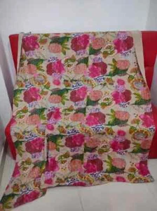 Indian Beige floral Print King Size Cotton Kantha Quilt Throw Blanket Bedspread - Picture 1 of 2
