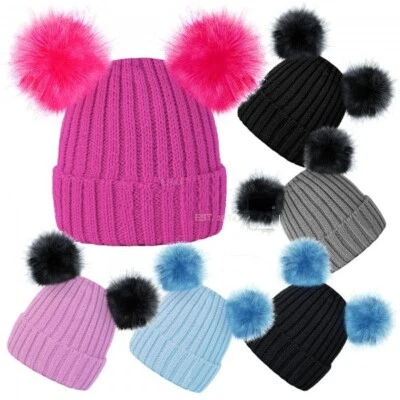 ROCK JOCK Baby Toddler Girls Boys Kids Knitted Beanie Double Bobble Hat 2 Large Pom Pom