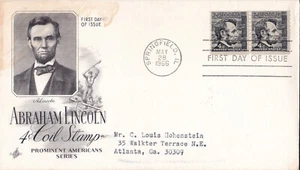 US FDC 1303 Artcraft M-6 1966 IL A Lincoln Line Pair Prominent Americans Stain - Bild 1 von 2