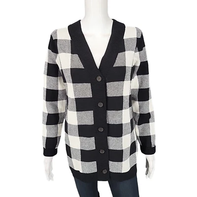 Cárdigan Denim Co Cuadros Cuello en V Botón Delantero Talla X-Pequeña Negro Blanco Moderno Top Foto 1 de 4