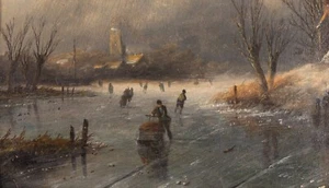Dutch School Original Oil Painting 19 century Signed Stahle ? Ice Skating - Picture 1 of 11