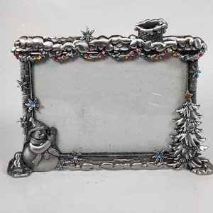 Metal Pewter Jeweled Footed Picture Frame 4x6 Photos Snowman Christmas - Picture 1 of 3