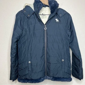 Abercrombie Kids Sherpa Lined Puffer Jacket 11/12 Navy Blue Hooded Full Zip - Picture 1 of 12