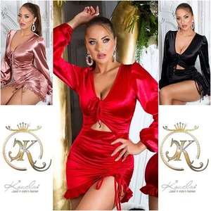 Sexy Pink Satin Look Long Sleeve Mini Dress Party Clubwear Koucla UK - Picture 1 of 14