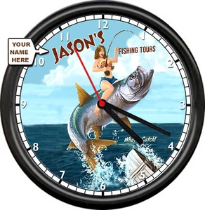 Fishing Fisherman Pinup Girl Lake Retro Personalized Your Name Sign Wall Clock - Picture 1 of 1