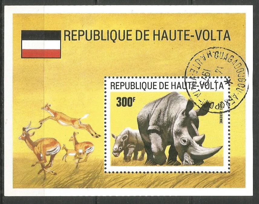 Upper Volta 1973 year, used block flag rhinoceros - Image 1 of 1