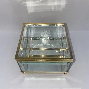 Vtg Trinket Jewelry Box Beveled Glass Mirrored Footed Etched Flowers - Picture 1 of 7