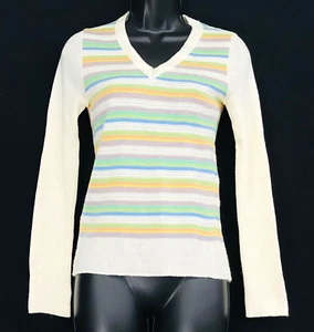 Vintage 1970s white knit top, pastel stripes long sleeve deadstock shirt sweater - Picture 1 of 5