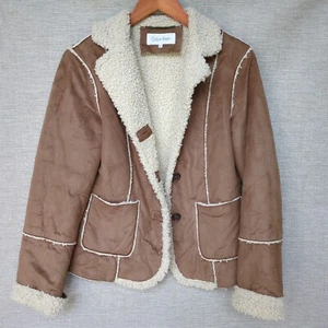 Calvin Klein Bomber Jacket Women's Brown Faux Suede Sherpa Trim Coat XS Small - Foto 1 di 17