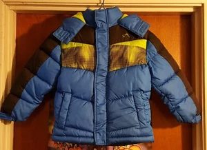 Q4 Designs Vertical '9 Kids Jacket Sz 5 Blue Green Black Puffer Hooded 3 Pockets - Picture 1 of 8