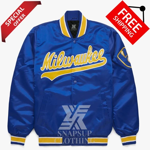 Milwaukee Brewers MLB Royal Satin Letterman Baseball Bomber Varsity Jacket Cover