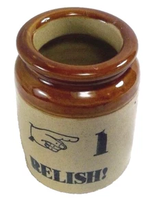 Steinzeug Topf Zeigefinger '1 Relish' 4,5" 2-farbig braun Vintage England - Bild 1 von 6