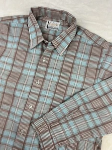 Vintage 60s 70s Shirt Mens L 16.5 Plaid Dagger Collar Sheer Designers Choice - Picture 1 of 9