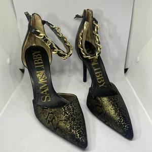 Sam & Libby Dylan stampa serpente tacchi alti taglia 8 nero oro maglia catena metallizzata - Foto 1 di 9