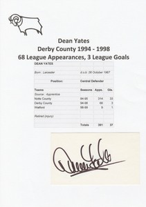 DEAN YATES DERBY COUNTY 1994-1998 ORIGINAL AUTOGRAPH CARD