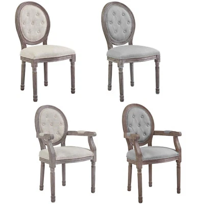 French Dining Chair Louis XVI Style Gray Beige Padded Button Tufted Arm Or Side - Image 1 of 4