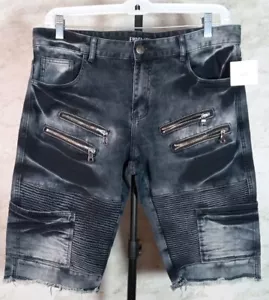 Embellish Mens Distressed Ribbed Zip Design Raw Hem Denim Shorts Size 36 - Picture 1 of 9