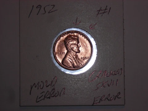 wheat penny 1952 CRACKED SKULL MOLD ERROR RED BU 1952-P LINCOLN CENT LOT#1 UNC Cover