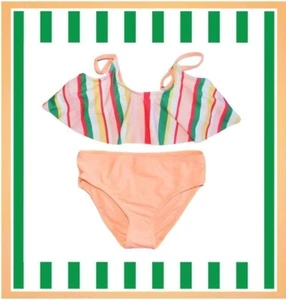 NWT GIRLS size 5-6 PEACHY GREEN MULTISTRIPED FLOUNCY 2-Piece BIKINI - Picture 1 of 3