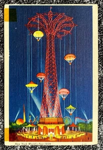 Tarjeta postal de la Feria Mundial de Nueva York 1939 salto en paracaídas torre de 250 ft - Imagen 1 de 9