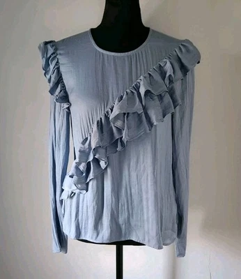 Maje Women's Lania Ruffle Blouse Long Sleeve Blue Size 3 - Image 1 of 4