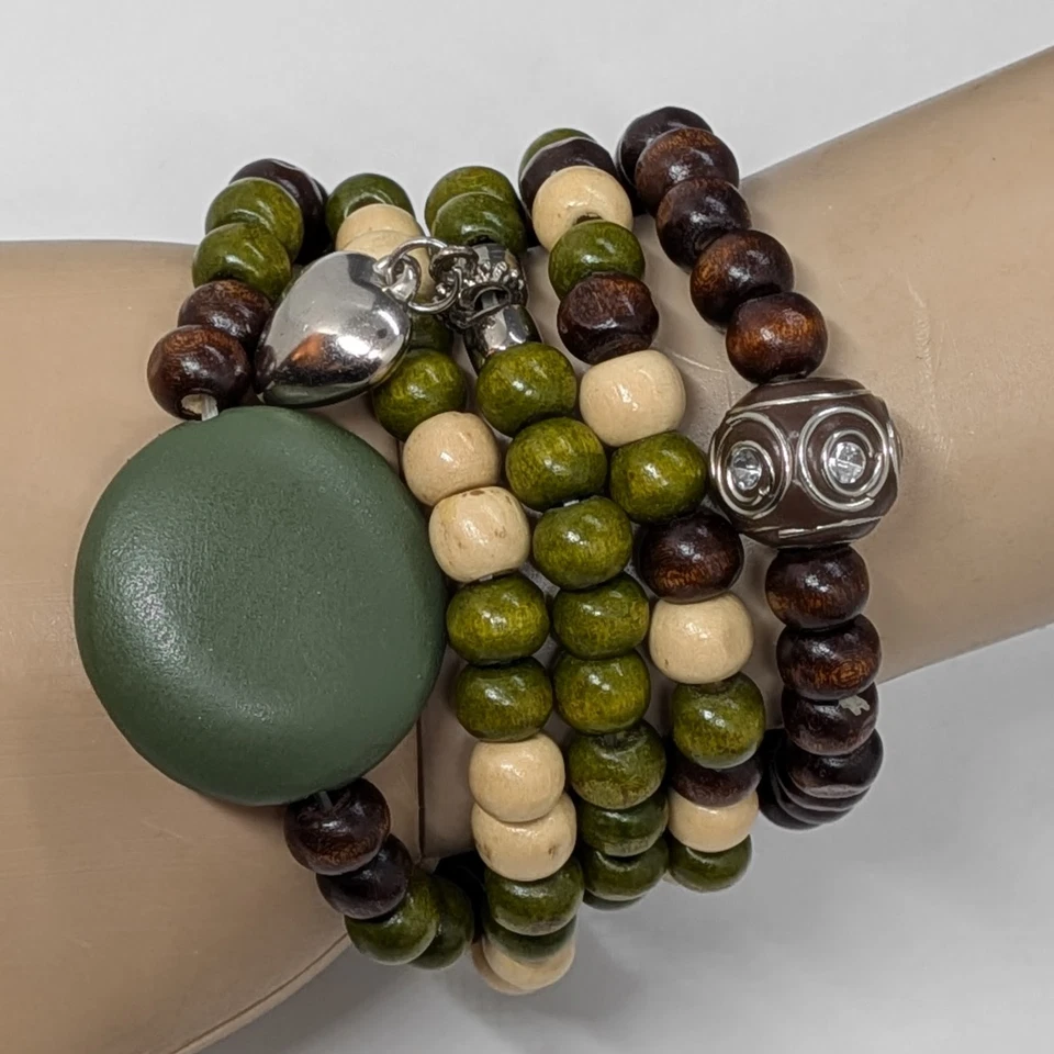 Apila Capas Cuentas Pulsera Dijes Bohemio Elastizado Verde Oliva Marrón Natural Foto 1 de 2