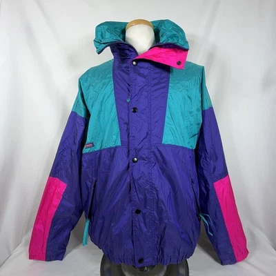 Vintage Columbia Windbreaker Mens XL Purple Teal Packable Hood Radial Sleeve 90s - Image 1 of 4