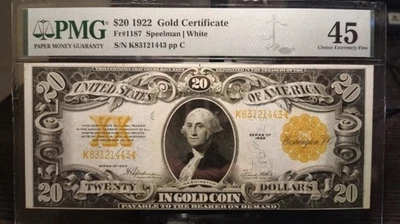 $20 1922 Gold Certificate Fr#1187 Speelman/White S/N K83121443 pp C PMG 45 - Image 1 of 2