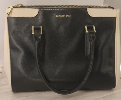 Vintage London Fog Black Ivory Color Block Leather Pebbled  Designer Bag Purse - Image 1 of 4
