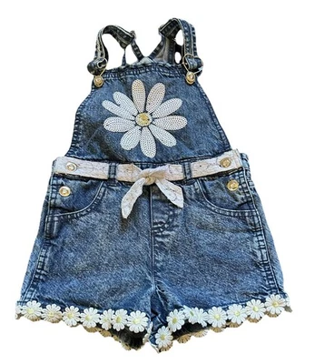 Y2K VTG Daisy Sequin Bibbed Jeans Overalls Denim Size Girls 5 Lace Accent - Image 1 of 2